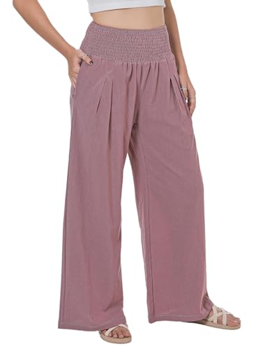 Lofbaz Damen Sommer Fließend Baumwolle Leinen Palazzo Weite Hosen Strand Hohe Taille Hose Boho Lange Loungehose mit Taschen Lila Rose 2XL von Lofbaz