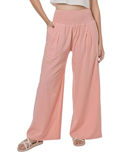 Lofbaz Damen Sommer Fließend Baumwolle Leinen Palazzo Weite Hosen Strand Hohe Taille Hose Boho Lange Loungehose mit Taschen Rosa Holzrose 2XL von Lofbaz