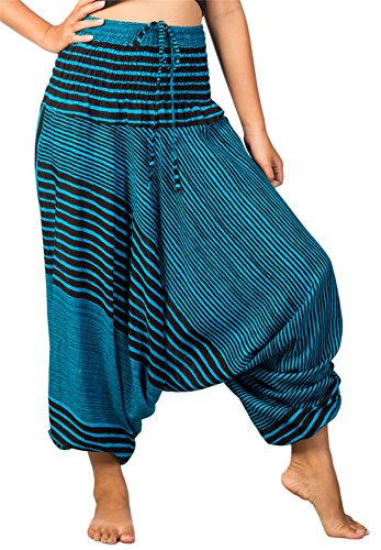 Lofbaz Damen Streifen Gedruckt Smocked Taille Harem 2 in 1 Overall Hose Hellblau L von Lofbaz