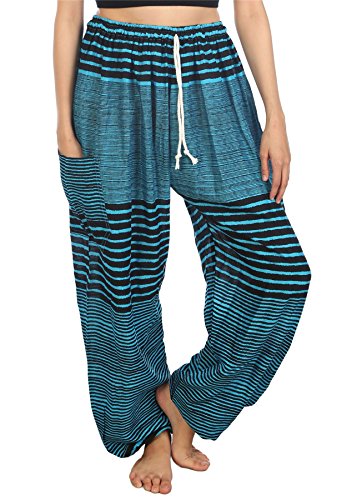 Lofbaz Damen Streifen Kordelzug Harem Boho Hose Hellblau L von Lofbaz