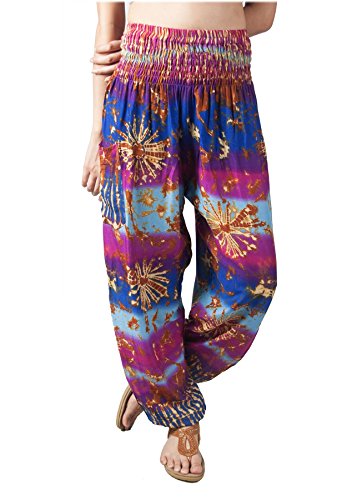 Lofbaz Damen Boho Haremshose Festival Outfit Sommerhose Leicht Yogahose Pumphose Hippie Hose Kleidung Sommer Hosen - Tie Dye Blau & Violett 3XL Große Größen von Lofbaz