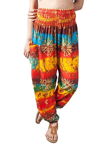 Lofbaz Damen Boho Haremshose Festival Outfit Sommerhose Leicht Yogahose Pumphose Hippie Hose Kleidung Sommer Hosen - Tie Dye Orange & Yellow 3XL Große Größen von Lofbaz