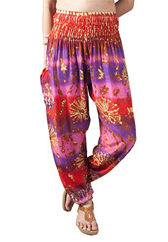 Lofbaz Damen Boho Haremshose Festival Outfit Sommerhose Leicht Yogahose Pumphose Hippie Hose Kleidung Sommer Hosen - Tie Dye Violett & Rosa XXL Große Größen von Lofbaz