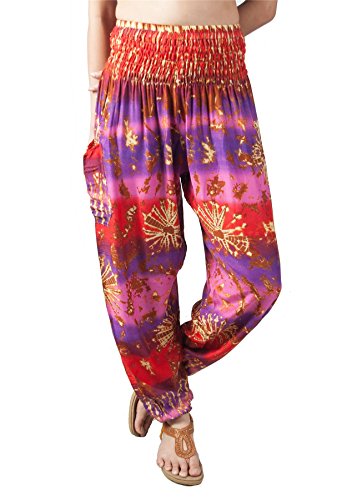 Lofbaz Damen Boho Haremshose Festival Outfit Sommerhose Leicht Yogahose Pumphose Hippie Hose Kleidung Sommer Hosen - Tie Dye Violett & Rosa XL von Lofbaz
