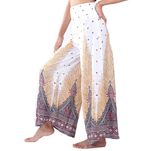 Lofbaz Damen weites Bein Palazzo Hose Yoga Salon Hippie Haremshose Hosen - Peacock 1 Weiß - L von Lofbaz