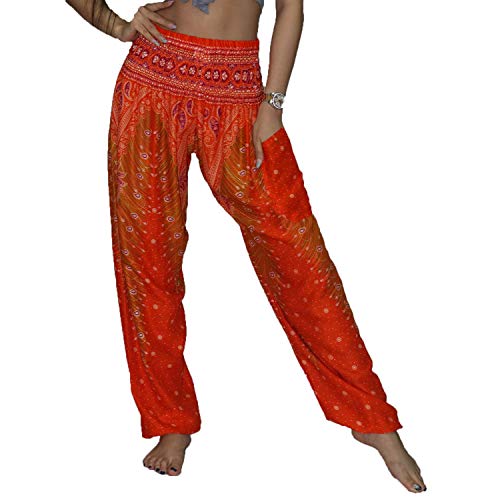 Lofbaz Damen Haremshose Yogahose Pumphose Hippie Hose Boho Kleidung Festival Outfit Sommerhose Leicht Sommer Hosen - Pfauenorange und Rot 4XL Große Größen von Lofbaz