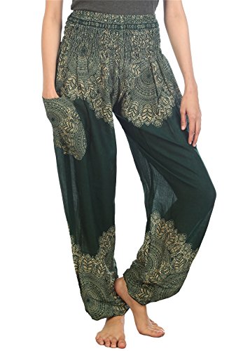 Lofbaz Haremshose Damen Boho Yogahose Pumphose Hippie Hose Kleidung Festival Outfit Sommerhose Leicht Sommer Hosen - Floral Dunkelgrün 4XL Große Größen von Lofbaz
