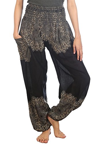 Lofbaz Haremshose Damen Boho Yogahose Pumphose Hippie Hose Kleidung Festival Outfit Sommerhose Leicht Sommer Hosen - Floral Schwarz XXL Große Größen von Lofbaz