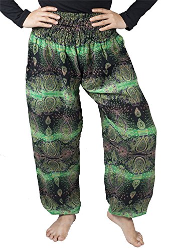 Lofbaz Haremshose Damen Boho Yogahose Pumphose Hippie Hose Kleidung Festival Outfit Sommerhose Leicht Sommer Hosen - Oval Grün XXL Große Größen von Lofbaz