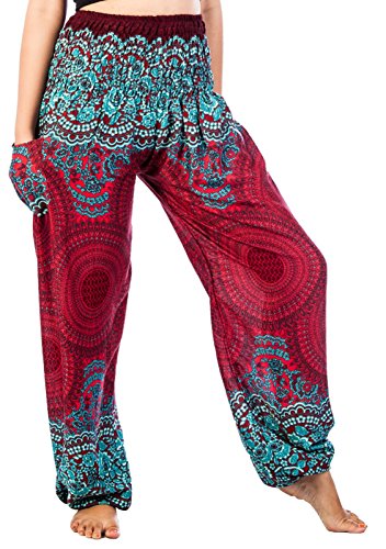 Lofbaz Haremshose Damen Boho Yogahose Pumphose Hippie Hose Kleidung Festival Outfit Sommerhose Leicht Sommer Hosen - Rose 1 Burgund 3XL Große Größen von Lofbaz