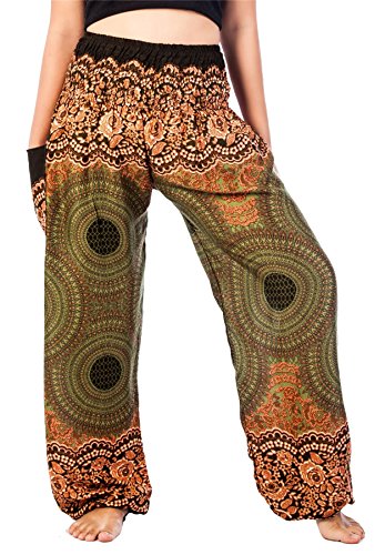 Lofbaz Haremshose Damen Boho Yogahose Pumphose Hippie Hose Kleidung Festival Outfit Sommerhose Leicht Sommer Hosen - Rose 1 Grün 4XL Große Größen von Lofbaz