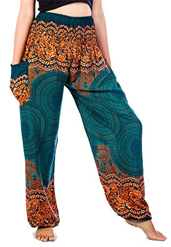 Lofbaz Haremshose Damen Boho Yogahose Pumphose Hippie Hose Kleidung Festival Outfit Sommerhose Leicht Sommer Hosen - Rose 1 Teal Grün 3XL Große Größen von Lofbaz