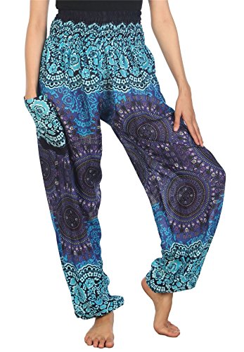 Lofbaz Haremshose Damen Boho Yogahose Pumphose Hippie Hose Kleidung Festival Outfit Sommerhose Leicht Sommer Hosen - Rose 2 Blau 3XL Große Größen von Lofbaz