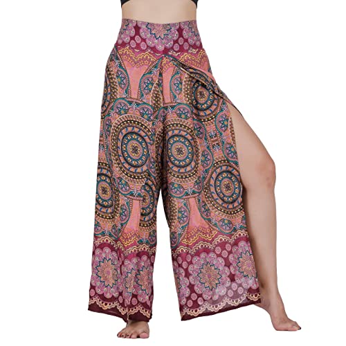 Lofbaz Schlitzbein Palazzo Yogahose für Frauen Mädchen Mutterschaft Summer Beach Hoch taillierte Boho Harem Damenbekleidung Blühende Blume Burgund 3XL von Lofbaz