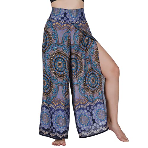 Lofbaz Schlitzbein Palazzo Yogahose für Frauen Mädchen Mutterschaft Summer Beach Hoch taillierte Boho Harem Damenbekleidung Blume Dunkelblau 4XL von Lofbaz