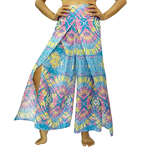 Lofbaz Schlitzbein Palazzo Yogahose für Frauen Mädchen Mutterschaft Summer Beach Hoch taillierte Boho Harem Damenbekleidung Pastell Tie Dye 2 Blau XL von Lofbaz