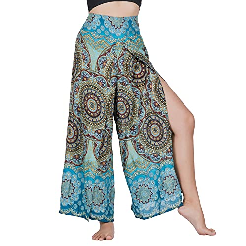 Lofbaz Schlitzbein Palazzo Yogahose für Frauen Mädchen Mutterschaft Summer Beach Hoch taillierte Boho Haremshose Damenbekleidung Blühende Blume Hellblau L von Lofbaz