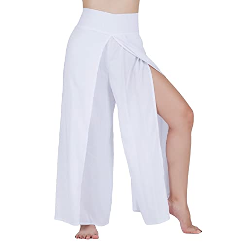 Lofbaz Schlitzbein Palazzo Yogahose für Frauen Mädchen Mutterschaft Summer Beach Hoch taillierte Boho Haremshose Damenbekleidung Feste Weiß XL von Lofbaz