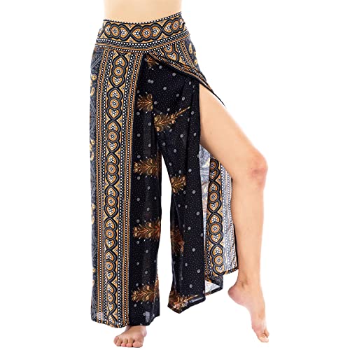 Lofbaz Schlitzbein Palazzo Yogahose für Frauen Mädchen Mutterschaft Summer Beach Hoch taillierte Boho Haremshose Damenbekleidung Peacock 1 Schwarz und Gold L von Lofbaz