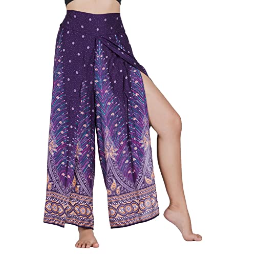 Lofbaz Schlitzbein Palazzo Yogahose für Frauen Mädchen Mutterschaft Summer Beach Hoch taillierte Boho Haremshose Damenbekleidung Peacock 1 Violett und Gold L von Lofbaz