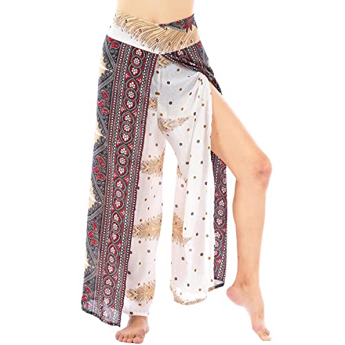 Lofbaz Schlitzbein Palazzo Yogahose für Frauen Mädchen Mutterschaft Summer Beach Hoch taillierte Boho Haremshose Damenbekleidung Peacock 1 Weiß L von Lofbaz