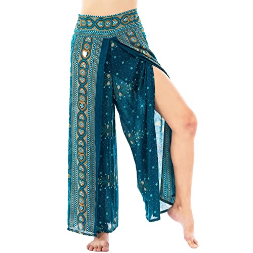 Lofbaz Schlitzbein Palazzo Yogahose für Frauen Mädchen Mutterschaft Summer Beach Hoch taillierte Boho Haremshose Damenbekleidung Peacock Teal Grün L von Lofbaz