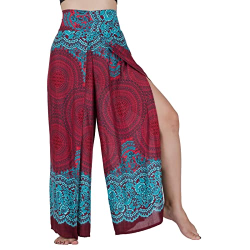 Lofbaz Schlitzbein Palazzo Yogahose für Frauen Mädchen Mutterschaft Summer Beach Hoch taillierte Boho Haremshose Damenbekleidung Rose 1 Weinrote M von Lofbaz