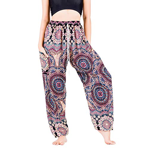 Lofbaz Yoga Boho Hose für Frauen Mädchen mit Tasche Harem Pyjama Kleidung Lounge Umstandsmode Hippie Sommer Strand Blühende Blume Schwarz M von Lofbaz