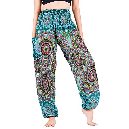 Lofbaz Yoga Boho Hosen für Damen Harem Hippie Kleidung Pyjamas Lounge Bekleidung Jogger Indian Bohemian Tanz Sommer Strand Blühende Blume Blaugrün L von Lofbaz