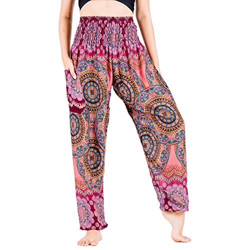 Lofbaz Yoga Boho Hosen für Damen Harem Hippie Kleidung Pyjamas Lounge Bekleidung Jogger Indian Bohemian Tanz Sommer Strand Blühende Blume Burgund L von Lofbaz