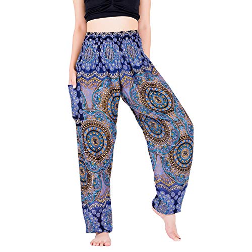 Lofbaz Yoga Boho Hosen für Damen Harem Hippie Kleidung Pyjamas Lounge Bekleidung Jogger Indian Bohemian Tanz Sommer Strand Blühende Blume Dunkelblau S von Lofbaz