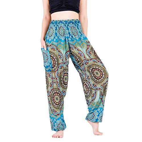 Lofbaz Yoga Boho Hosen für Damen Harem Hippie Kleidung Pyjamas Lounge Bekleidung Jogger Indian Bohemian Tanz Sommer Strand Blühende Blume Hellblau M von Lofbaz