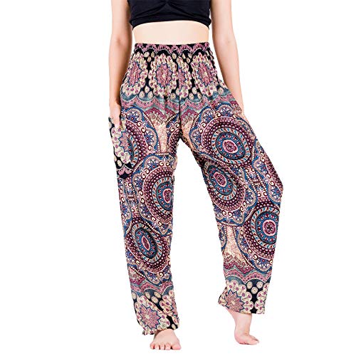 Lofbaz Yoga Boho Hosen für Damen Harem Hippie Kleidung Pyjamas Lounge Bekleidung Jogger Indian Bohemian Tanz Sommer Strand Blühende Blume Schwarz L von Lofbaz