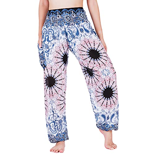 Lofbaz Yoga Boho Hosen für Damen Harem Hippie Kleidung Pyjamas Lounge Bekleidung Jogger Indian Bohemian Tanz Sommer Strand Mandala Blume Weiß S von Lofbaz