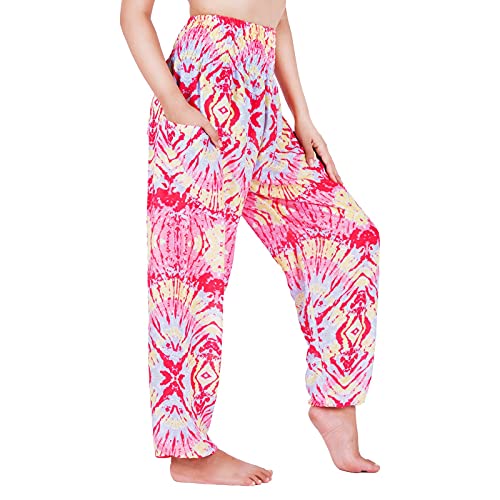 Lofbaz Yoga Boho Hosen für Damen Harem Hippie Kleidung Pyjamas Lounge Bekleidung Jogger Indian Bohemian Tanz Sommer Strand Pastell Tie Dye Rot S von Lofbaz