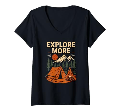 Damen Entdecken Sie mehr Camping-Abenteuer T-Shirt mit V-Ausschnitt Damen Entdecken Sie mehr Camping-Abenteuer T-Shirt mit V-Ausschnitt von Logiamerch Adventure