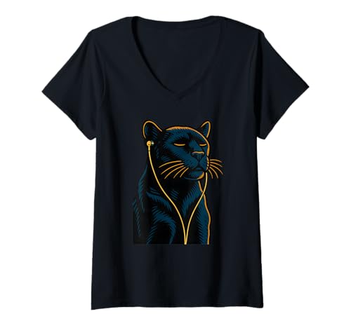 Damen Chill Panther Cat Musik hören, Kunst, Katzen lieben T-Shirt mit V-Ausschnitt Damen Chill Panther Cat Musik hören, Kunst, Katzen lieben T-Shirt mit V-Ausschnitt von Logiamerch Animals