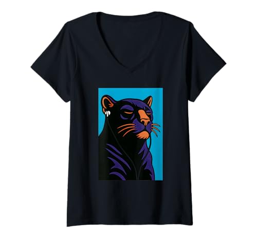 Damen Chill Panther Cat Musik hören, Kunst, Katzen lieben T-Shirt mit V-Ausschnitt Damen Chill Panther Cat Musik hören, Kunst, Katzen lieben T-Shirt mit V-Ausschnitt von Logiamerch Animals