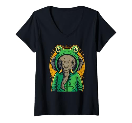 Damen Elefant mit süßem Frosch-Stil, lustiges Tier-Design T-Shirt mit V-Ausschnitt Damen Elefant mit süßem Frosch-Stil, lustiges Tier-Design T-Shirt mit V-Ausschnitt von Logiamerch Animals