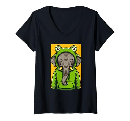 Damen Elefant mit süßem Frosch-Stil, lustiges Tier-Design T-Shirt mit V-Ausschnitt Damen Elefant mit süßem Frosch-Stil, lustiges Tier-Design T-Shirt mit V-Ausschnitt von Logiamerch Animals