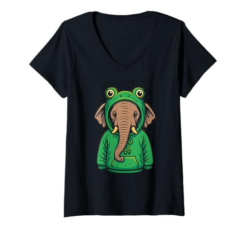 Damen Elefant mit süßem Frosch-Stil, lustiges Tier-Design T-Shirt mit V-Ausschnitt Damen Elefant mit süßem Frosch-Stil, lustiges Tier-Design T-Shirt mit V-Ausschnitt von Logiamerch Animals