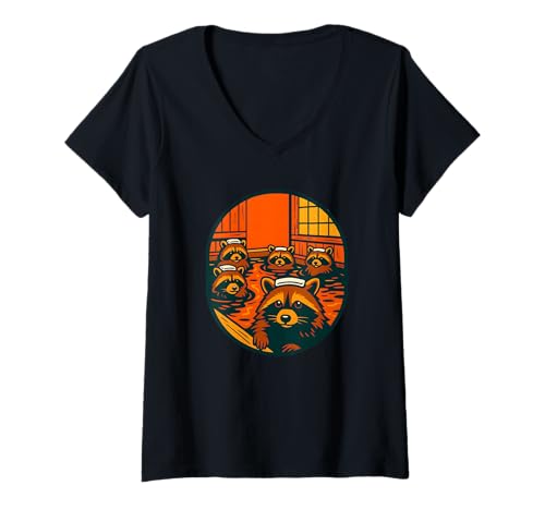 Damen Entspannende Waschbären im japanischen Stil der heißen Quelle T-Shirt mit V-Ausschnitt Damen Entspannende Waschbären im japanischen Stil der heißen Quelle T-Shirt mit V-Ausschnitt von Logiamerch Animals