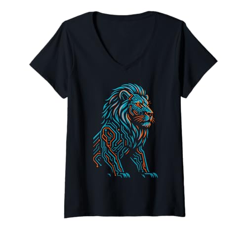 Damen Futuristischer Technologie-Löwe, Blaue und orange Schaltungsgrafiken T-Shirt mit V-Ausschnitt von Logiamerch Animals