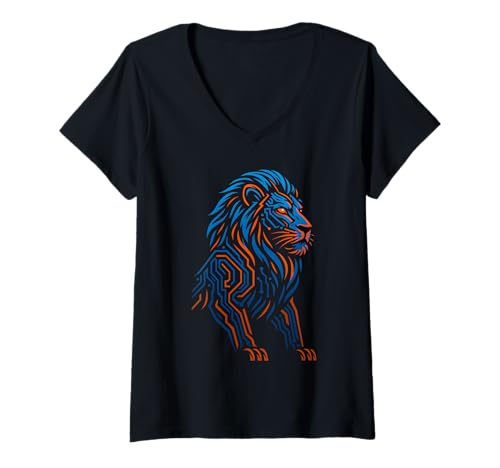 Damen Futuristischer Technologie-Löwe, Blaue und orange Schaltungsgrafiken T-Shirt mit V-Ausschnitt Damen Futuristischer Technologie-Löwe, Blaue und orange Schaltungsgrafiken T-Shirt mit V-Ausschnitt von Logiamerch Animals