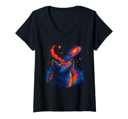 Damen Galaktischer Wolf, himmlische Verbindung, Geistertier T-Shirt mit V-Ausschnitt Damen Galaktischer Wolf, himmlische Verbindung, Geistertier T-Shirt mit V-Ausschnitt von Logiamerch Animals