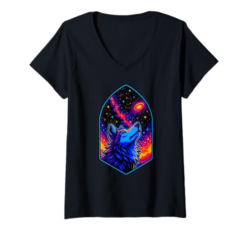 Damen Galaktischer Wolf, himmlische Verbindung, Geistertier T-Shirt mit V-Ausschnitt Damen Galaktischer Wolf, himmlische Verbindung, Geistertier T-Shirt mit V-Ausschnitt von Logiamerch Animals