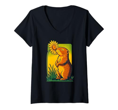 Damen Groundhog riechende Blume, niedlich, Natur, Tierkunst T-Shirt mit V-Ausschnitt Damen Groundhog riechende Blume, niedlich, Natur, Tierkunst T-Shirt mit V-Ausschnitt von Logiamerch Animals