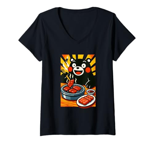 Damen Happy Bear Genießt leckeres Grillfest mit Essstäbchen T-Shirt mit V-Ausschnitt Damen Happy Bear Genießt leckeres Grillfest mit Essstäbchen T-Shirt mit V-Ausschnitt von Logiamerch Animals