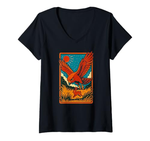 Damen Hawk Chasing Rabbit Vintage Style Nature Design T-Shirt mit V-Ausschnitt Damen Hawk Chasing Rabbit Vintage Style Nature Design T-Shirt mit V-Ausschnitt von Logiamerch Animals