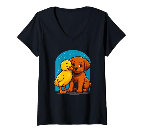 Damen Love Paws Freundschaft für Welpen und Enten T-Shirt mit V-Ausschnitt Damen Love Paws Freundschaft für Welpen und Enten T-Shirt mit V-Ausschnitt von Logiamerch Animals